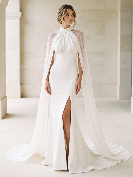 Satin Mermaid Halter Bridal Gowns Sheer Tulle Cape Wedding Dresses