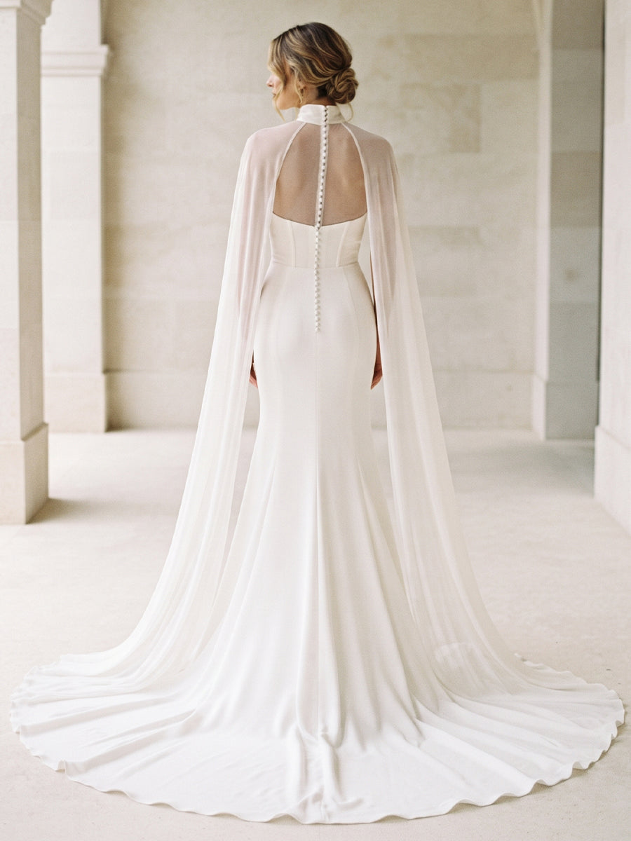 Satin Mermaid Halter Bridal Gowns Sheer Tulle Cape Wedding Dresses