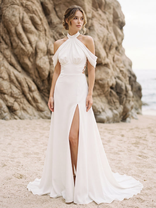 Satin Off-the-Shoulder Bridal Gowns with Sweep Train Halter Lace Up Wedding Dresses