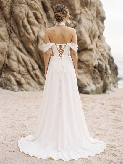 Satin Off-the-Shoulder Bridal Gowns with Sweep Train Halter Lace Up Wedding Dresses