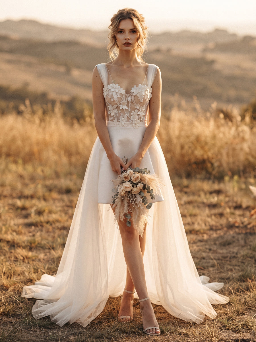 Tulle Sweetheart A-Line Bridal Gowns High Low Lace Appliques Wedding Dresses