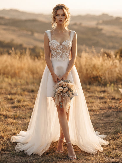 Tulle Sweetheart A-Line Bridal Gowns High Low Lace Appliques Wedding Dresses