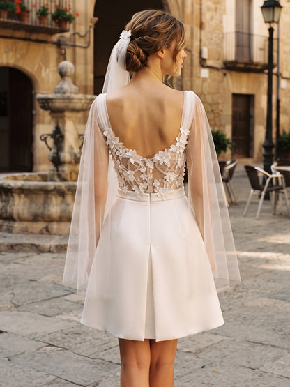 Tulle A-Line Mini Bridal Gowns Sweetheart Wedding Dresses with Sheer Tulle Sleeves