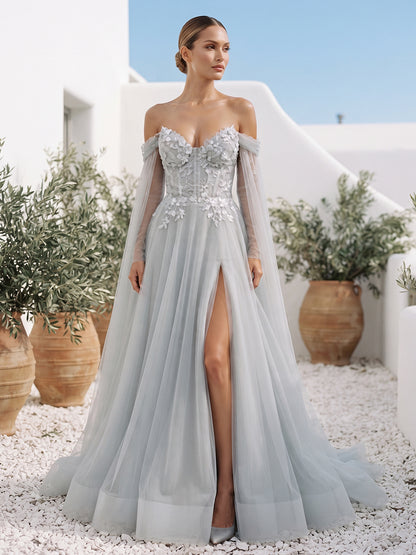 Tulle A-Line Bridal Gowns with Cape Sleeves Lace Appliques Wedding Dresses