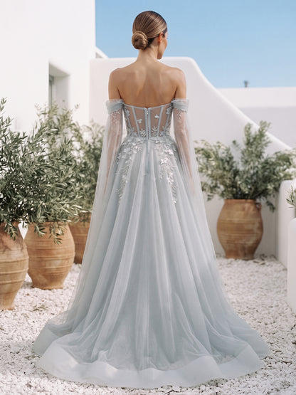 Tulle A-Line Bridal Gowns with Cape Sleeves Lace Appliques Wedding Dresses