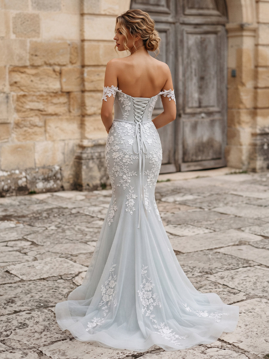 Tulle Mermaid Bridal Gowns with Sweep Train Sweetheart Lace Appliques Wedding Dresses