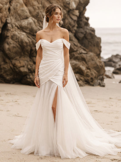 Tulle Mermaid Off-the-Shoulder Bridal Gowns Floor Length Ruched Wedding Dresses