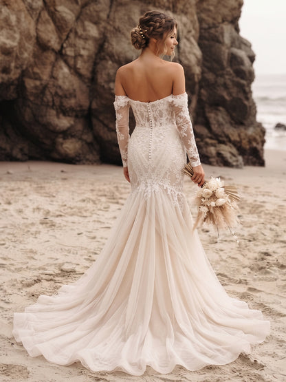 Tulle Mermaid Bridal Gowns Corset Bodice Lace Appliques Wedding Dresses with Court Train