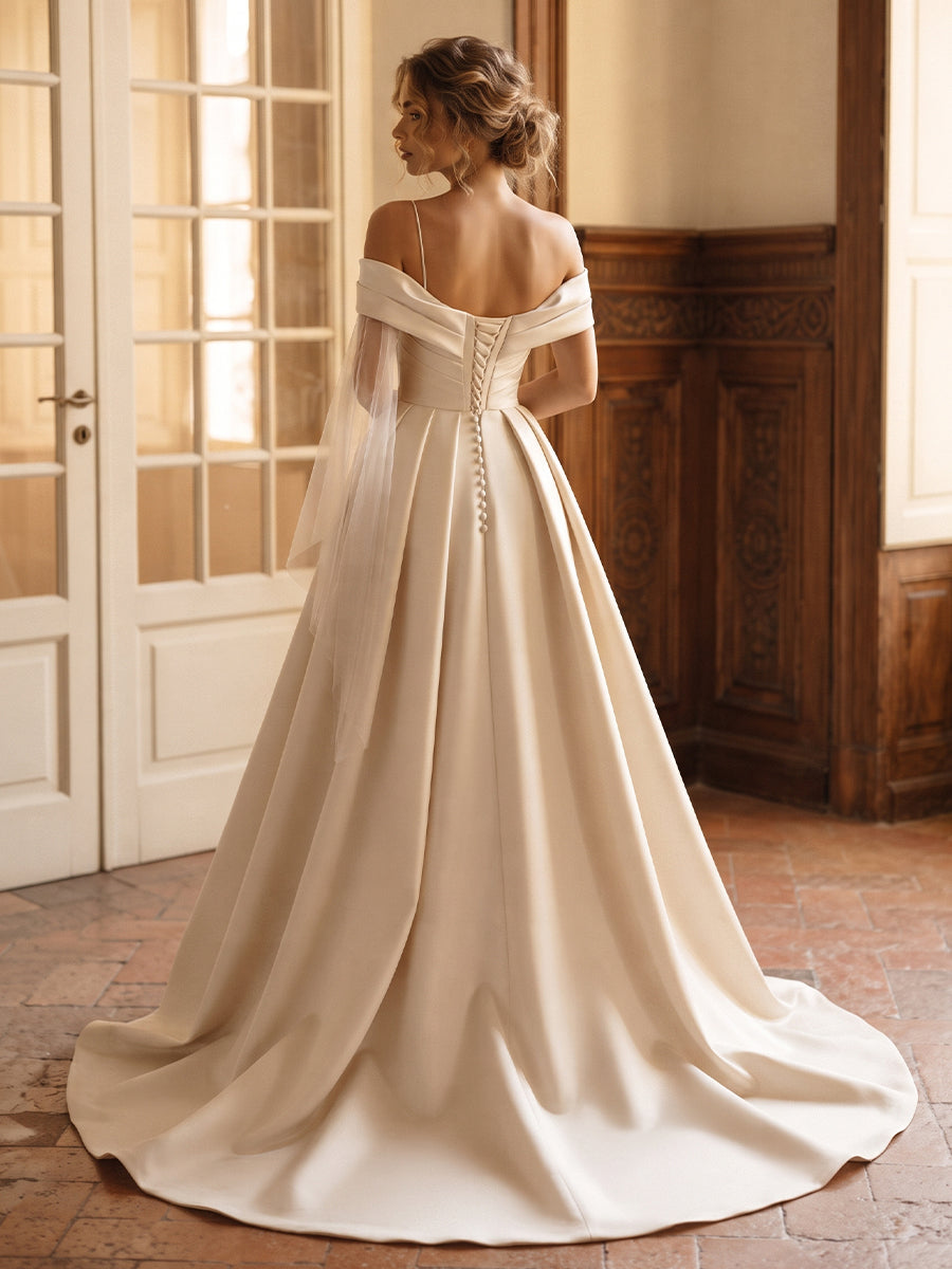 Satin Off-the-Shoulder Bridal Gowns Ruched Detachable Train Wedding Dresses
