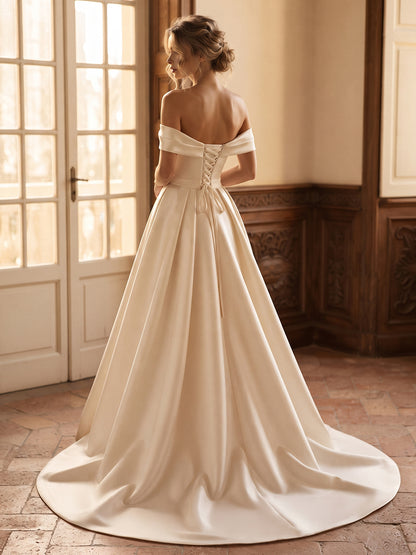 Off-the-Shoulder Ball Gown Satin Bridal Gowns Detachable Train Wedding Dresses