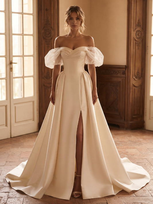 Satin Ball Gown Bridal Gowns Puff Tulle Sleeves Wedding Dresses with Chapel Train