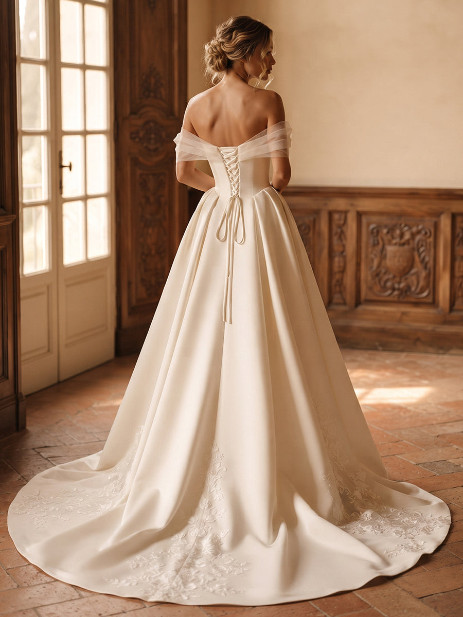 Satin Off-the-Shoulder Ball Gown Wedding Dresses with Chapel Train