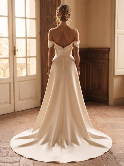 Satin Off-the-Shoulder Bridal Gowns A Line Sweetheart Wedding Dresses with High Slit