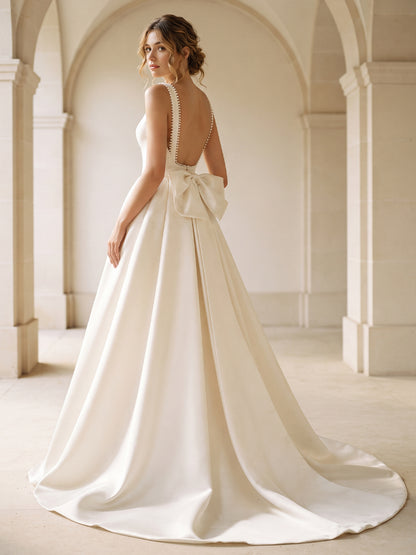 Satin A-Line Square Bridal Gowns Floor Length Wedding Dresses with Beadings
