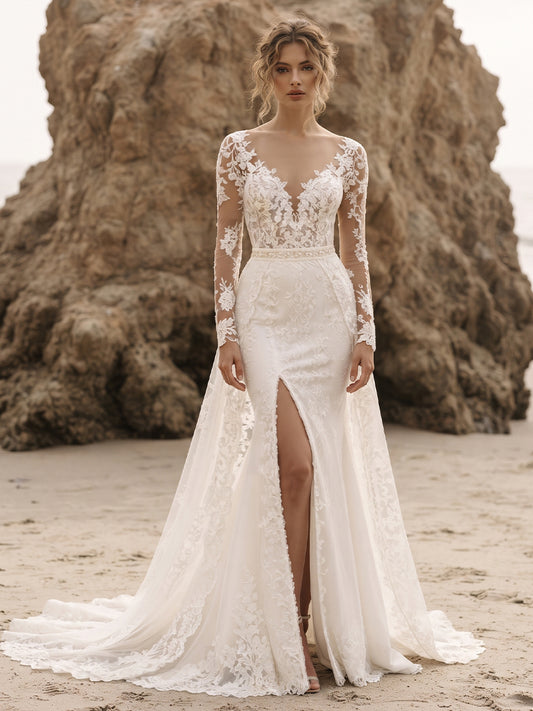 Lace Mermaid Bridal Gowns with Draped Sash Lace Appliques Wedding Dresses