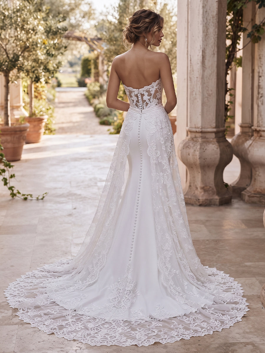 Satin Strapless Mermaid Bridal Gowns Corset Bodice Lace Appliques Wedding Dresses