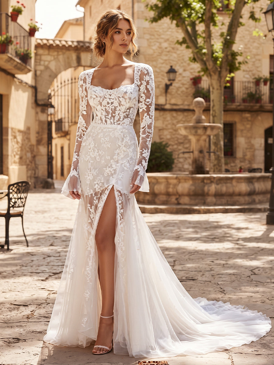 Square Neckline Tulle Mermaid Bridal Gowns Floor Length Lace Appliques Wedding Dresses