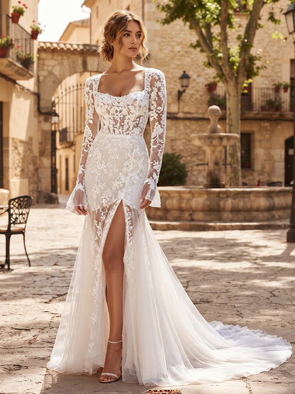 Square Neckline Tulle Mermaid Bridal Gowns Floor Length Lace Appliques Wedding Dresses