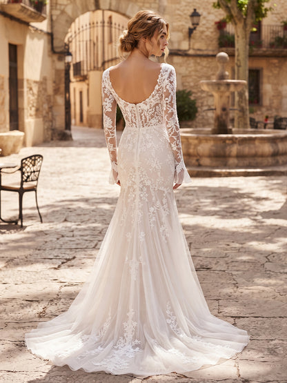 Square Neckline Tulle Mermaid Bridal Gowns Floor Length Lace Appliques Wedding Dresses