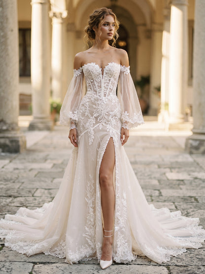 Tulle Mermaid Bridal Gowns High Slit Corset Bodice Wedding Dresses with Bell Sleeves