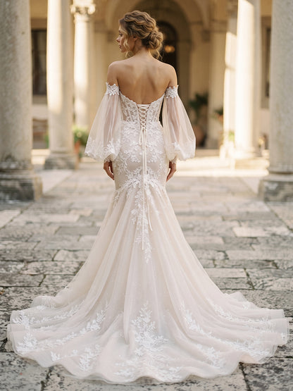Tulle Mermaid Bridal Gowns High Slit Corset Bodice Wedding Dresses with Bell Sleeves