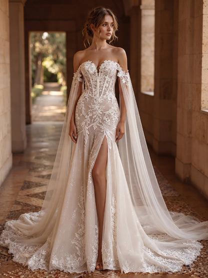 Tulle Mermaid Bridal Gowns High Slit Wedding Dresses with Cape Sleeves