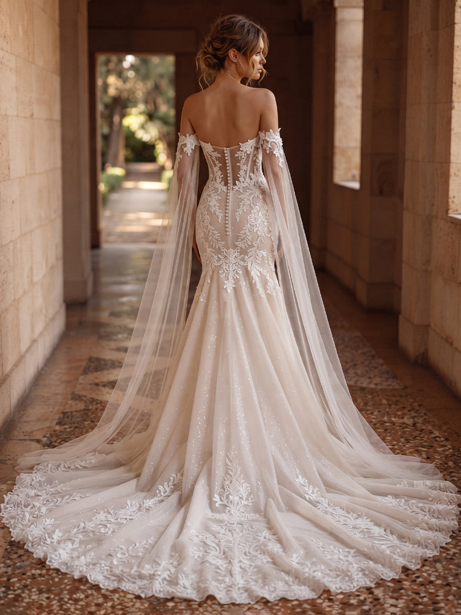 Tulle Mermaid Bridal Gowns High Slit Wedding Dresses with Cape Sleeves