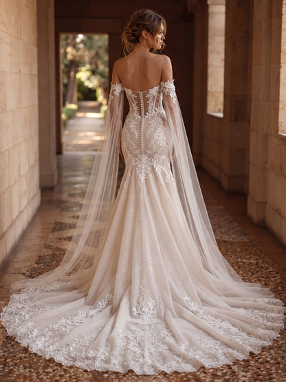 Tulle Mermaid Bridal Gowns High Slit Wedding Dresses with Cape Sleeves