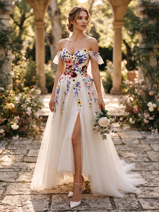 Off-the-Shoulder A-Line Bridal Gowns Floor Length Embroidery Wedding Dresses