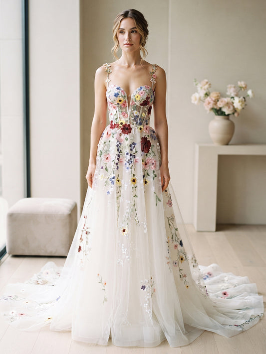 Tulle A-Line Sweetheart Bridal Gowns with Court Train Embroidery Wedding Dresses