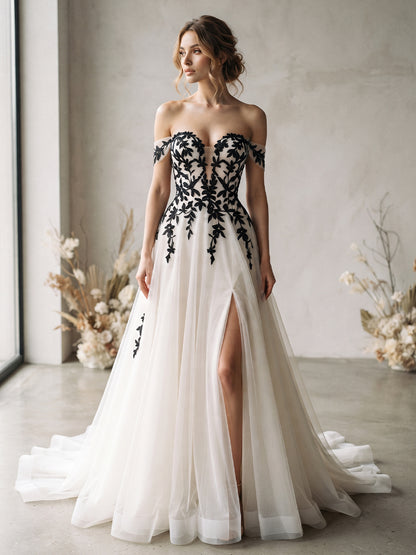 Tulle A-Line Off-the-Shoulder Bridal Gowns Floor Length Deep V Neck Wedding Dresses