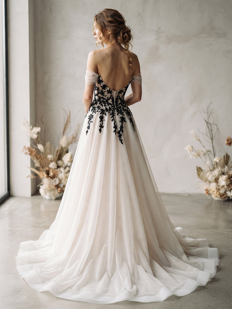 Tulle A-Line Off-the-Shoulder Bridal Gowns Floor Length Deep V Neck Wedding Dresses