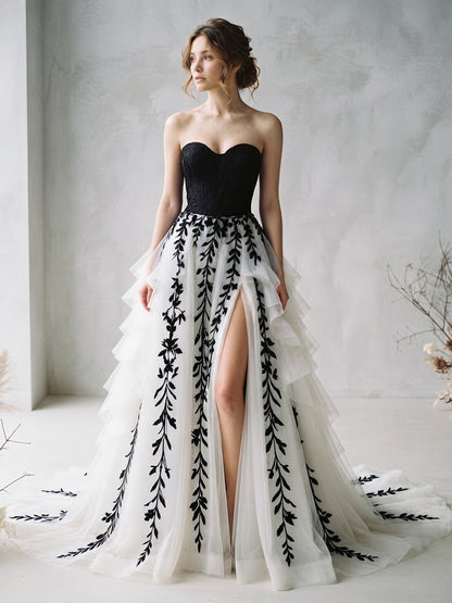 A-Line Strapless Tulle Bridal Gowns Floor Length Embroidery Wedding Dresses with High Slit