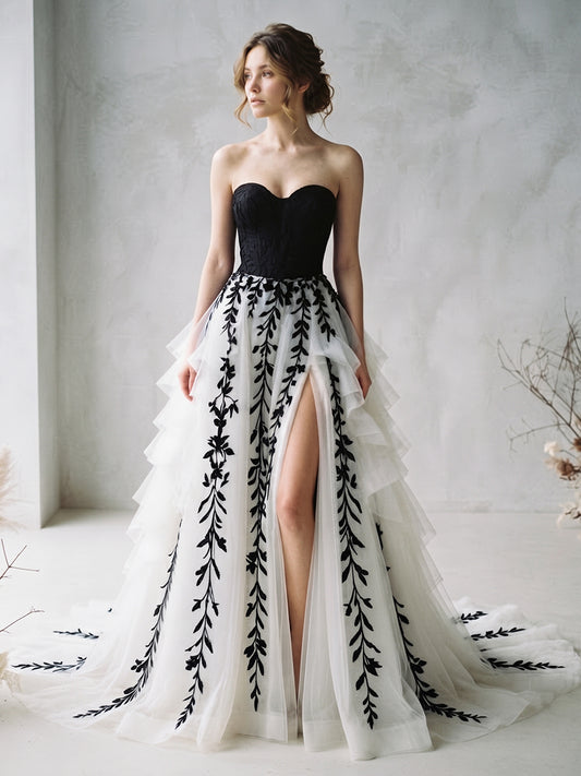 A-Line Strapless Tulle Bridal Gowns Floor Length Embroidery Wedding Dresses with High Slit