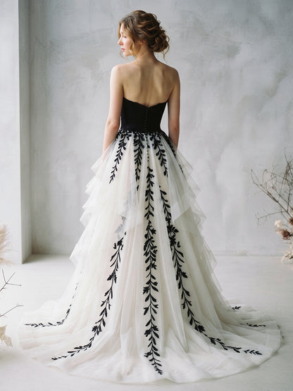 A-Line Strapless Tulle Bridal Gowns Floor Length Embroidery Wedding Dresses with High Slit