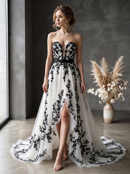 Tulle Embroidery A-Line Strapless Bridal Gowns High Low Ruffles Wedding Dresses