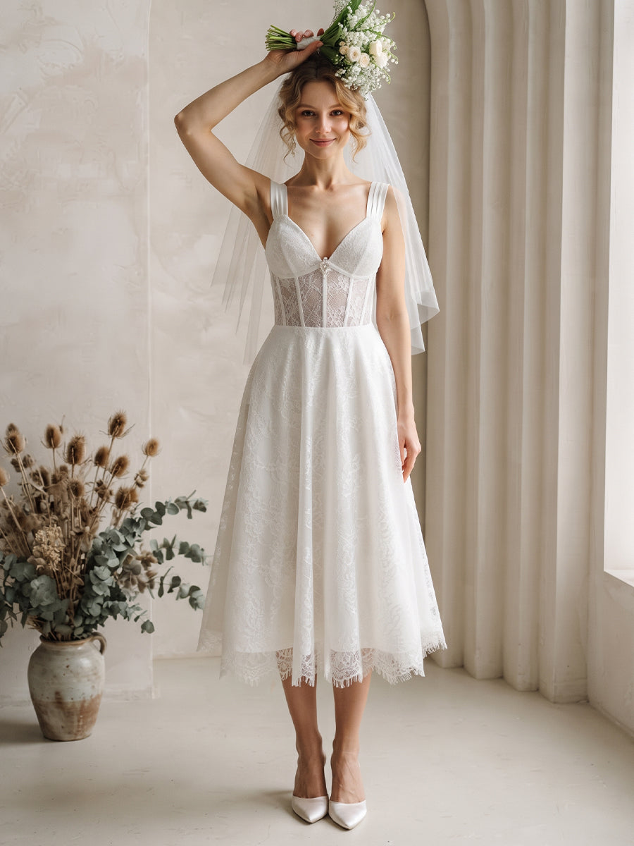 Sweetheart Lace A-Line Bridal Gowns Midi Length Corset Bodice Wedding Dresses