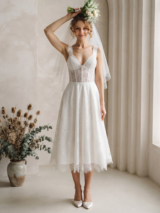 Sweetheart Lace A-Line Bridal Gowns Midi Length Corset Bodice Wedding Dresses