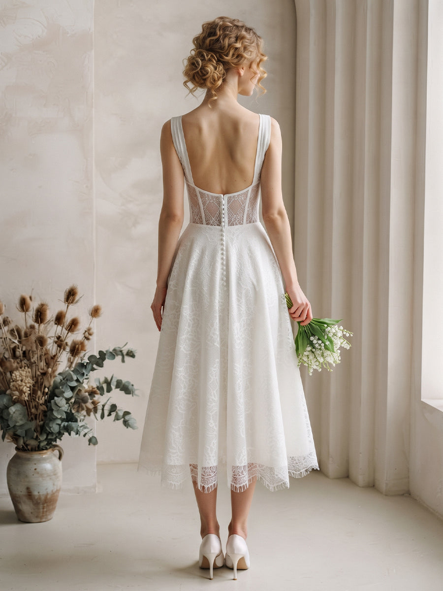 Sweetheart Lace A-Line Bridal Gowns Midi Length Corset Bodice Wedding Dresses