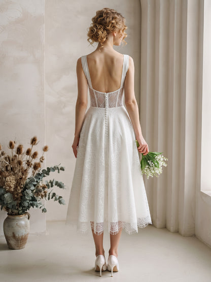 Sweetheart Lace A-Line Bridal Gowns Midi Length Corset Bodice Wedding Dresses