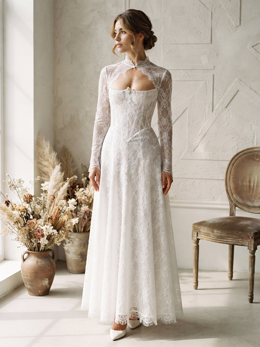 A-Line Corset Bodice Lace High Neck Bridal Gowns Floor Length Wedding Dresses