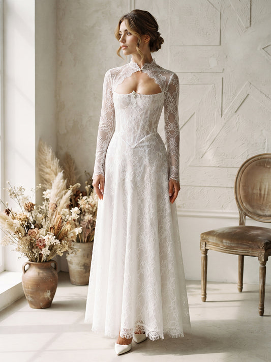 A-Line Corset Bodice Lace High Neck Bridal Gowns Floor Length Wedding Dresses