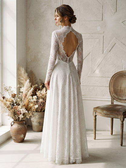 A-Line Corset Bodice Lace High Neck Bridal Gowns Floor Length Wedding Dresses