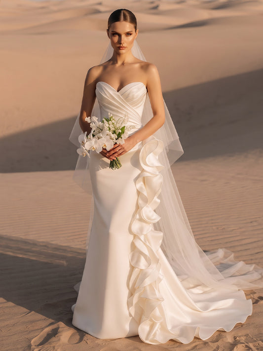 Satin Mermaid Sweetheart Bridal Gowns Floor Length Ruched Wedding Dresses