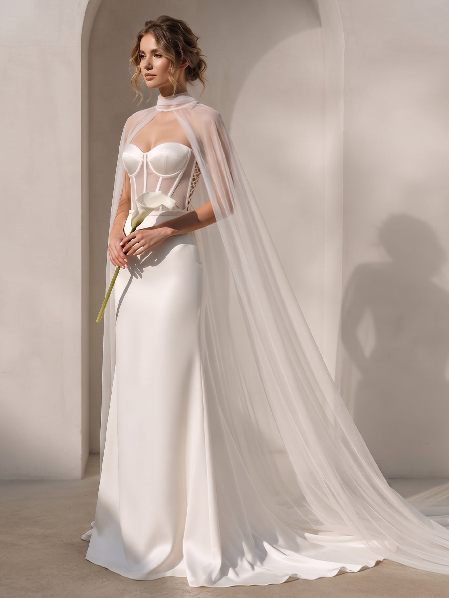 Satin Mermaid Sweetheart Bridal Gowns Floor Length Corset Bodice Wedding Dresses with Cape
