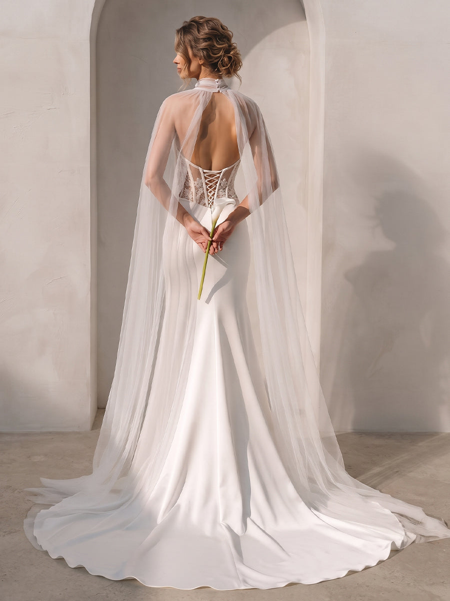 Satin Mermaid Sweetheart Bridal Gowns Floor Length Corset Bodice Wedding Dresses with Cape