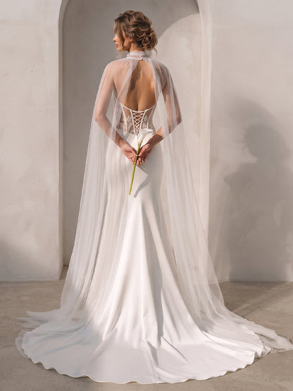 Satin Mermaid Sweetheart Bridal Gowns Floor Length Corset Bodice Wedding Dresses with Cape