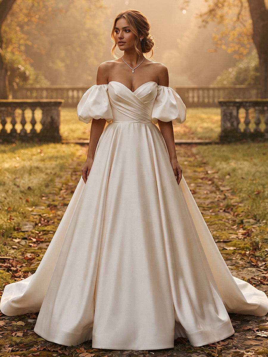 Satin Ball Gown Off-the-Shoulder Bridal Gowns Floor Length Ruched Wedding Dresses