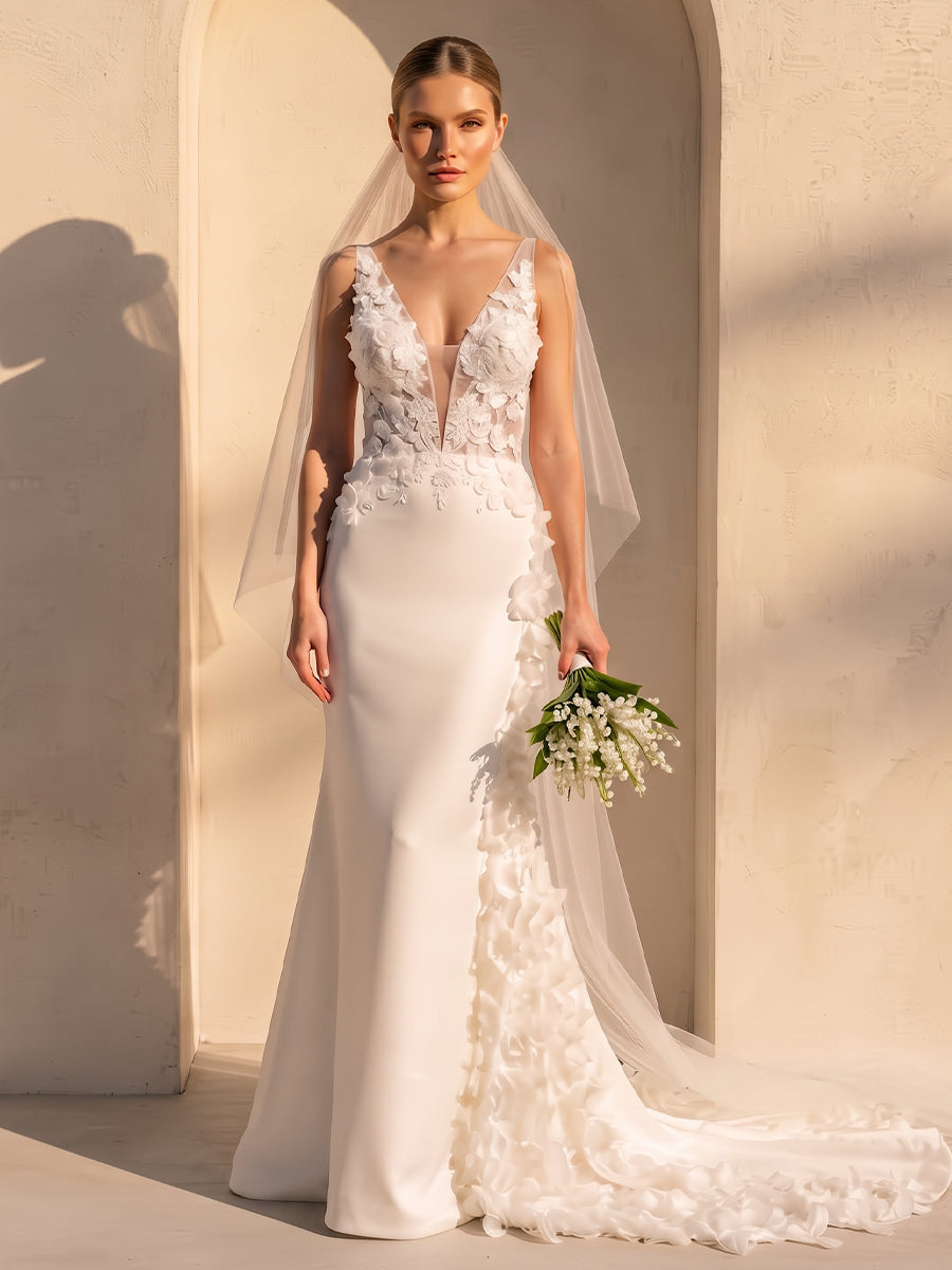 Satin Sheath V-Neck Bridal Gowns Floor Length 3D Floral Applique Wedding Dresses