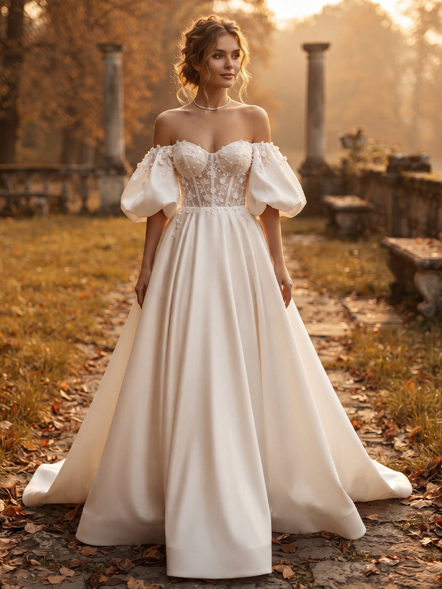Satin Ball Gown Off-the-Shoulder Bridal Gowns Floor Length Corset Bodice Wedding Dresses